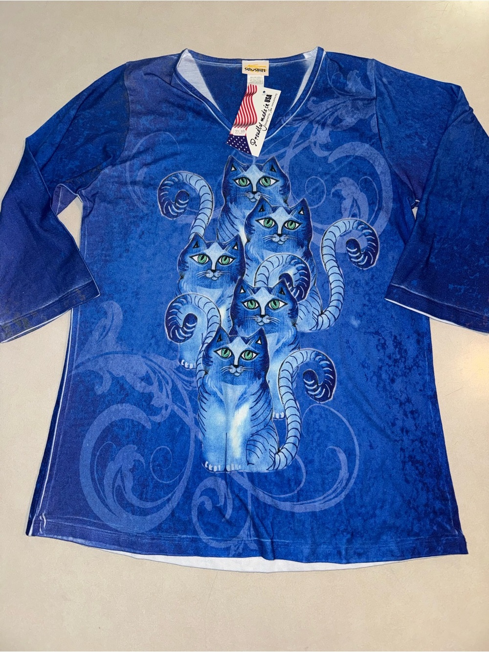 NWT Sunshirt Women’s Large L Blue Cats SPF Made In USA